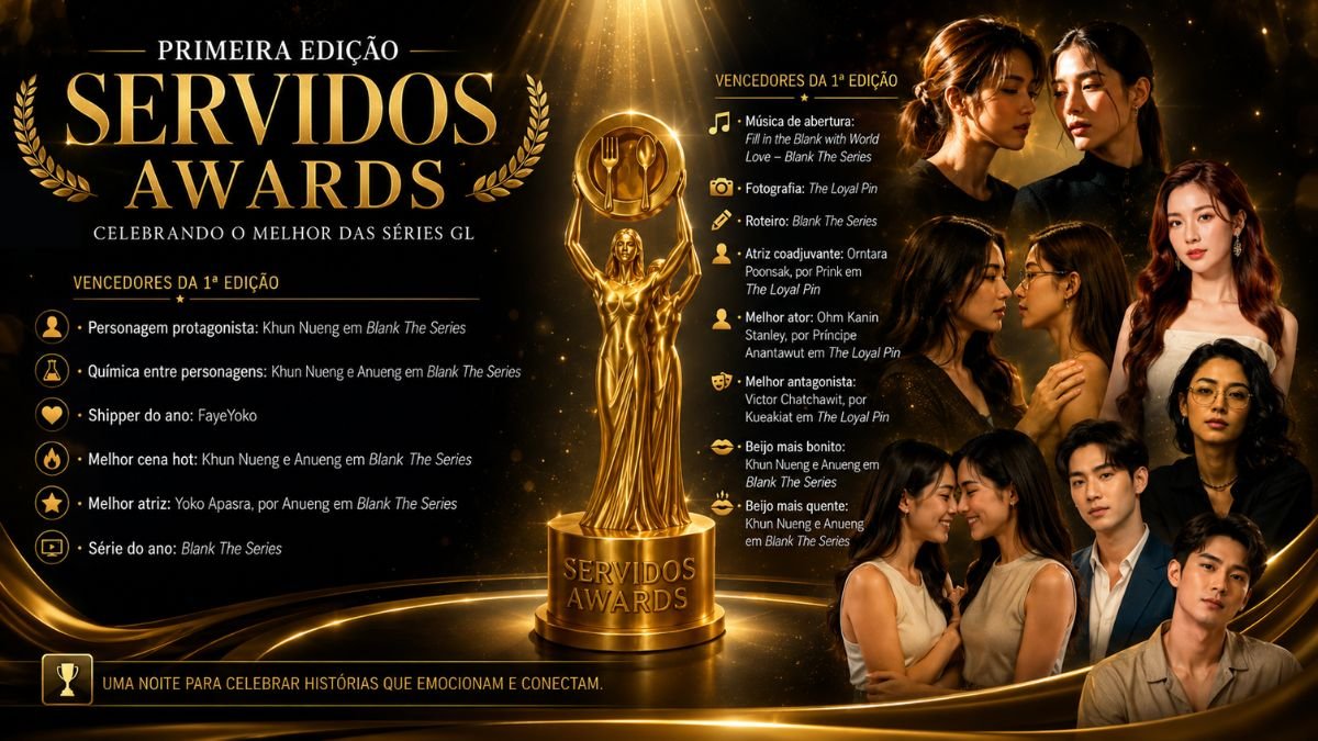 Banner da primeira edição do Servidos Awards com vencedores de séries GL, incluindo Blank The Series e The Loyal Pin