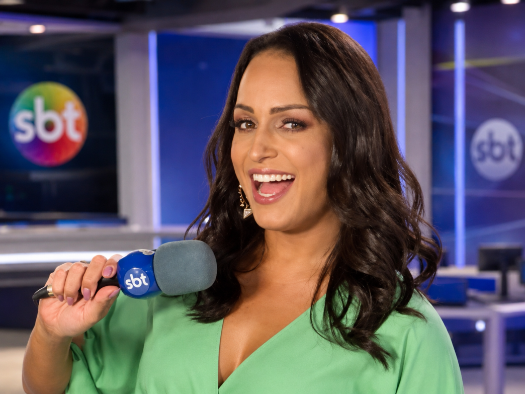 Lisa Gomes em estúdio do SBT com microfone durante conteúdo sobre comunicação e representatividade