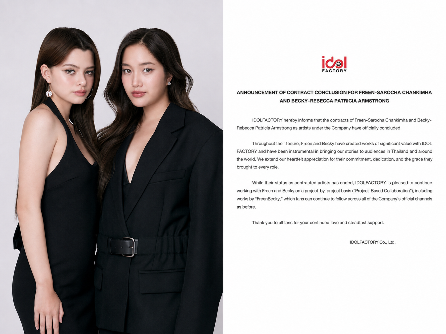 Freen Sarocha e Becky Armstrong ao lado do comunicado da Idol Factory sobre o encerramento de seus contratos