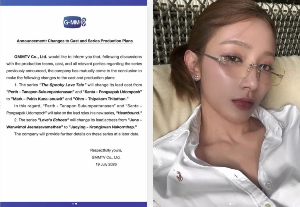 Comunicado da GMMTV e foto de Jaoying Krongkwan, nova protagonista da série GL Love’s Echoes ao lado de Mewnich