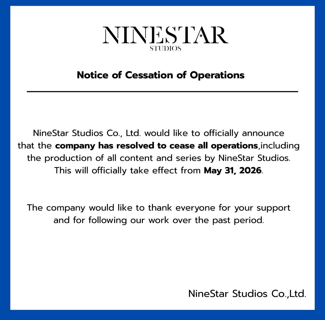 Comunicado oficial da NineStar Studios anunciando o fim das operações e produções em 31 de maio de 2026