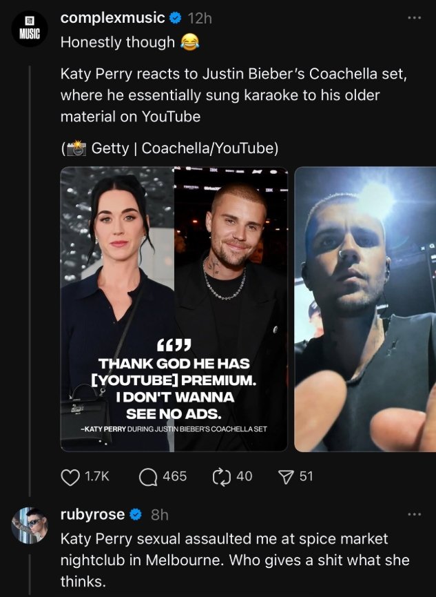 Captura de tela mostra comentário de Ruby Rose acusando Katy Perry de agressão sexual em Melbourne