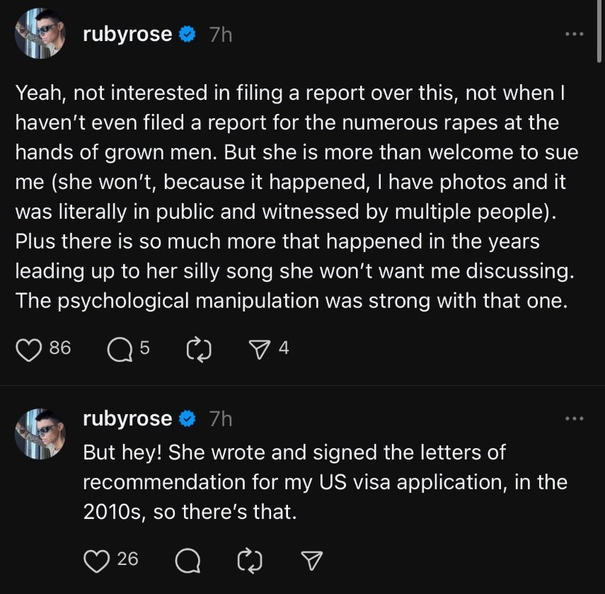 Captura de tela mostra novas publicações de Ruby Rose após acusações contra Katy Perry nas redes sociais