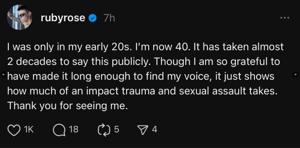 Publicação de Ruby Rose nas redes sociais sobre trauma e o impacto de falar publicamente sobre agressão sexual
