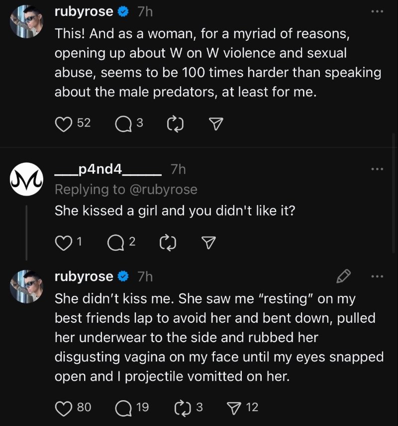 Captura de tela mostra Ruby Rose detalhando nas redes sociais sua acusação de violência sexual contra Katy Perry