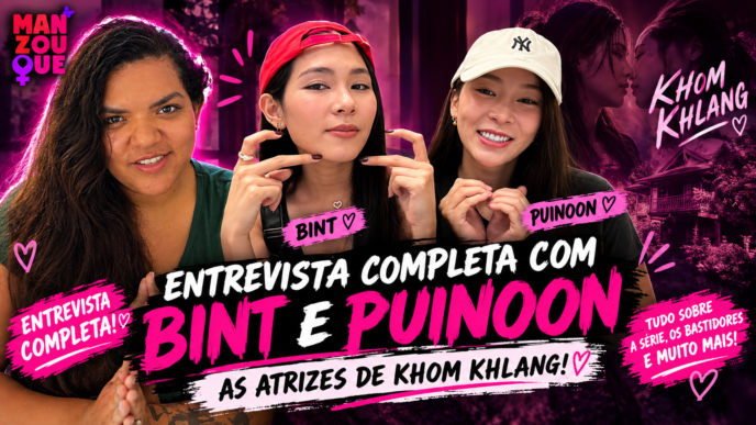 Bint e Puinon, atrizes de Khom Khlang, aparecem ao lado de Raíssa Manzouque em arte de entrevista