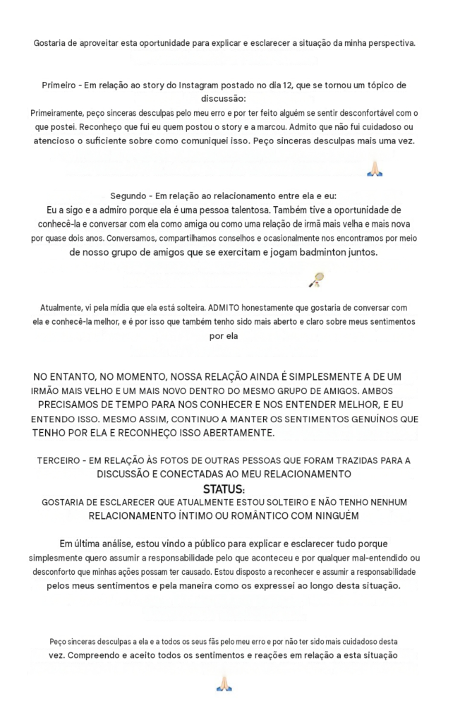 Comunicado de Popor Sapsiree esclarece publicação no Instagram e seu relacionamento com Engfa Waraha