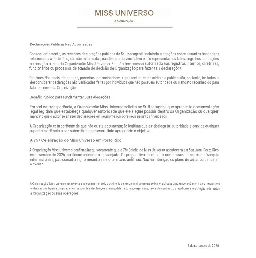 Primeira página do comunicado da Miss Universe Organization sobre Nawat Itsaragrisil em 8 de setembro de 2026