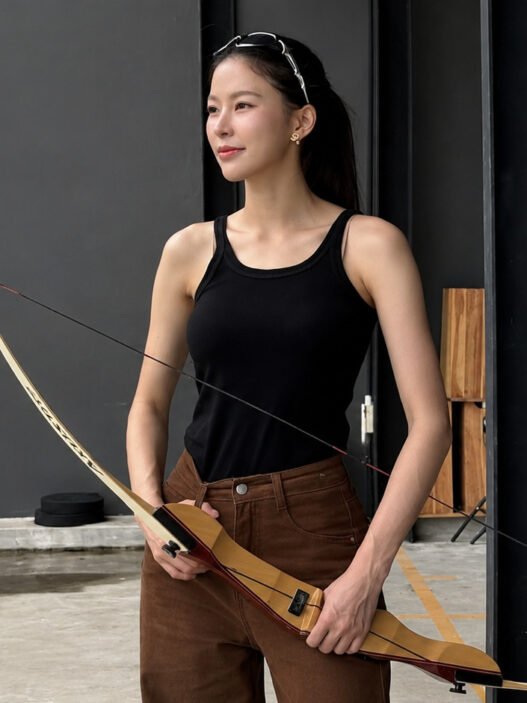 Mulher de cabelo escuro, usando regata preta e calça marrom, segurando um arco em um ambiente interno